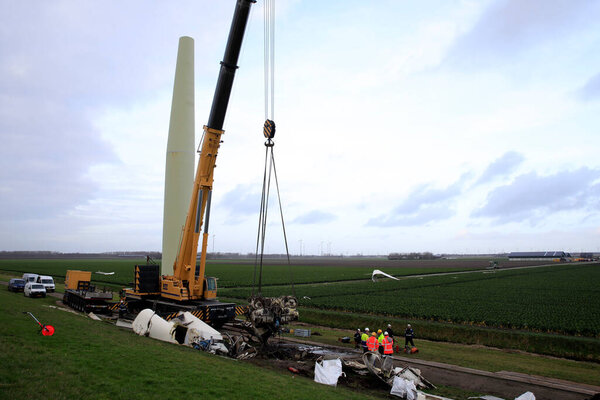 A blown off nacelle of a windturbine, Eemdijk, Flevoland, The Netherlands
