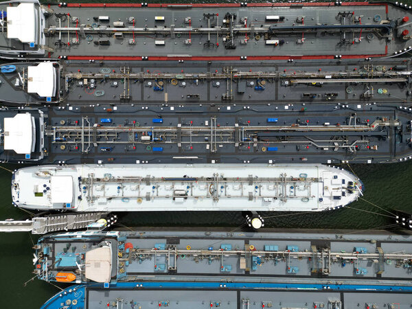Aerial view of large oil tankers in the port of Rotterdam, The Netherlands
