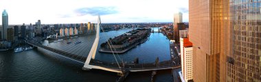 Gün batımında Rotterdam ve Erasmusbridge şehrinin hava manzarası, Hollanda
