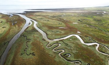 Boschplaat, Terschelling-West, Hollanda 'nın giriş ve akarsularının havadan görünüşü