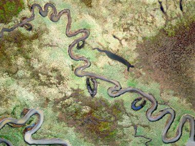 Boschplaat, Terschelling-West, Hollanda 'nın giriş ve akarsularının havadan görünüşü