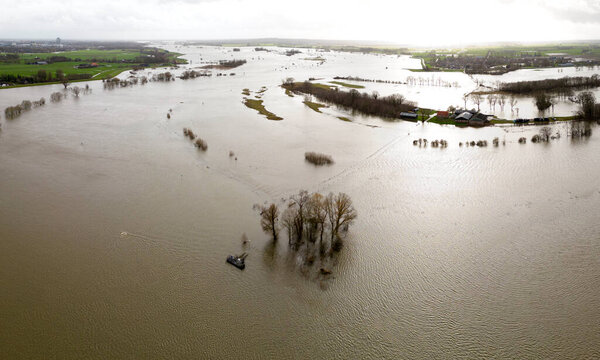 Aerial view of the elevated water levels in the Ijssel river near the village of Zwolle, The Netherlands