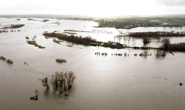 Aerial view of the elevated water levels in the Ijssel river near the village of Zwolle, The Netherlands