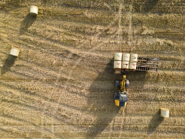 Gün batımında bir buğday tarlasında bir hasatçının hava görüntüsü, Hollanda