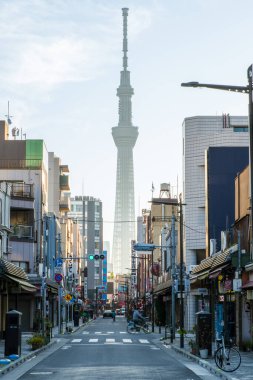 Asakusa sokaklarının gün doğumundaki altın saat manzarası. Arka planda Tokyo Skytree yükseliyor. Sıcak sabah ışığı geleneksel şehir cazibesiyle şehir simgelerinin modern simgesini harmanlıyor..