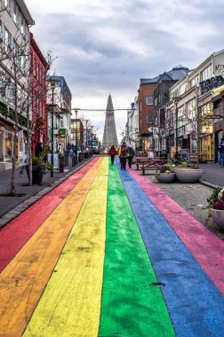 İzlanda 'nın kırsal kesimlerinde Westfjords' da LGBTQ + gururunu sembolize eden parlak gökkuşağı çatılı bir ev. Renkli tasarım, etrafındaki İskandinav manzarasıyla güzel bir tezat oluşturuyor..