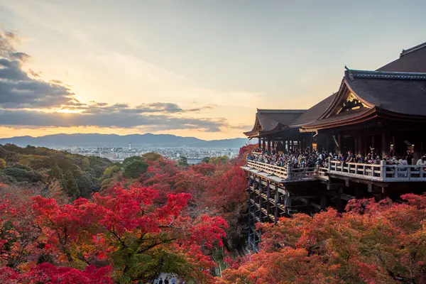 Kyoto 'daki Kiyomizu-dera Tapınağı' nın gün batımı manzarası