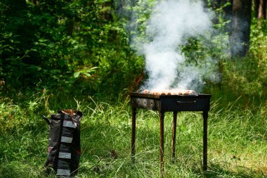 Sosisli ızgara. Güneşli bir ormanda, kömür torbasının yanında sigara içiyor.