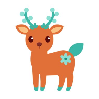 Geyik boynuzları, kuyruğu ve toynaklarında turuncu kürk ve deniz mavisi aksanı olan şirin bir çizgi film geyiği. Yan tarafında çiçekli bir süsleme var. Tuhaf tasarımlar için mükemmel..