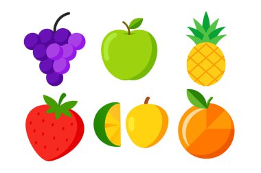 İki sıra halinde dizilmiş altı farklı meyveden oluşan canlı bir koleksiyon. Bu resimde bir demet üzüm, bir yeşil elma, bir ananas, bir çilek, bir dilimlenmiş limon ve çeşitli doğal ürünleri gösteren bir portakal yer alıyor..