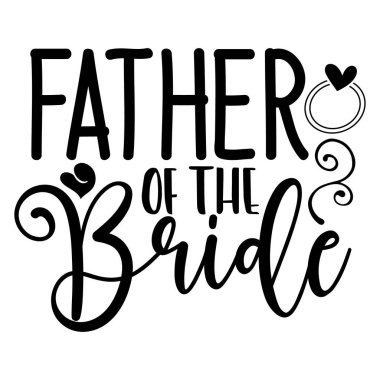 Gelin senaryosunun babası. Evlilik kutlamaları için kalp ve yüzük grafikleri içeren metin.