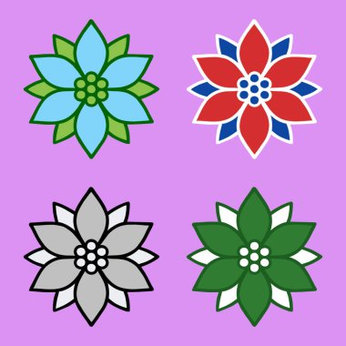 Dört farklı, biçimlendirilmiş çiçek motifleri, katı mor bir arka plana karşı ikişer ikişer dizilir. Her çiçek keskin, geometrik taç yaprakları ve merkezi dairesel bir detaya sahiptir..