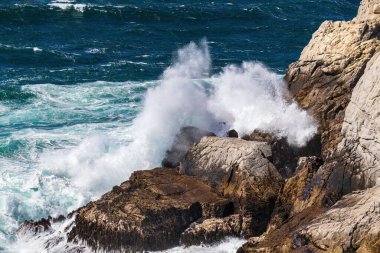  Okyanus dalgası yüksek kayalıklara çarpıyor. Point Lobos Doğa Koruma Alanı, Monterey. Havaya fırlatılan sprey. 