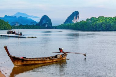 Krabi, Tayland 'daki Krabi Nehri' nde uzun kuyruklu tekne. Arka planda kayalar, dağlar ve mangrov ormanları var.. 