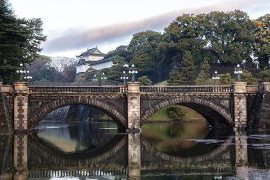 Japonya, Tokyo 'daki İmparatorluk Sarayı. Hendeğe ve Nijubashi köprüsüne bakıyorum.. 