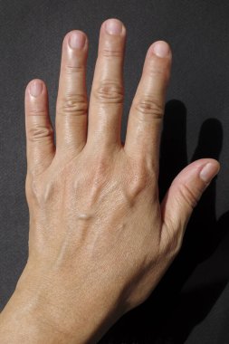 Beş numaralı parmakları sayılan kadının sol eli, sıfırdan beşe kadar parmakları olan çıplak el, siyah arka planda, işaret dili kavramında 0-5 numara, Asyalı vücut derisi.