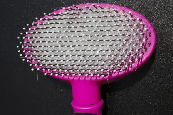 Pet hair brush with Pet fur clump after grooming dog on white background, Pink with black color, For pet salon, Close up and Macro shot, Selective focus
