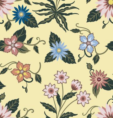 Çiçek ve yapraklı kusursuz çiçek deseni. El çizimi çiçek deseni, kumaş, duvar kağıdı, ambalaj kağıdı..