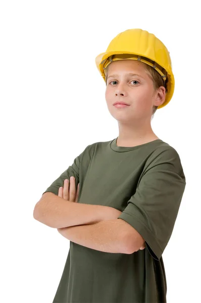 Three Quarter Torso View Young Caucasian Teenager Wearing Yellow Construction — Stock Photo, Image