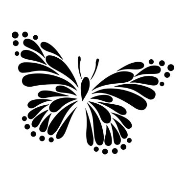 Üzerinde siyah ve beyaz tasarımlar olan bir kelebek çizimidir..