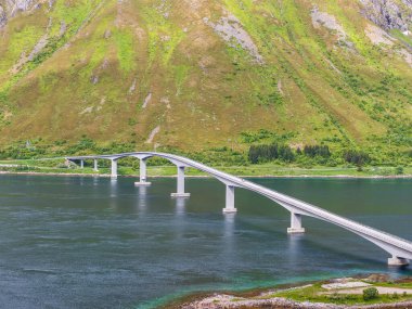 Arka planda yemyeşil bir dağ ile sakin suları geçen modern beyaz bir köprünün havadan yakından görüntüsü. Norveç 'teki manzara, insansız hava aracı tarafından çekildi..