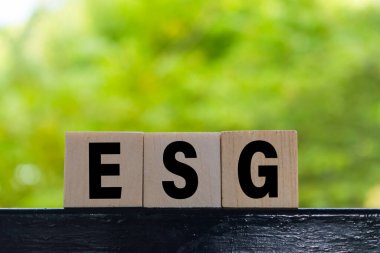 Ahşap bloklardaki ESG harfi sembolü yeşil arka planda izole edilmiş. Çevre ve sürdürülebilirlik kavramı hükümet sorumluluğu