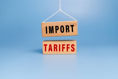 Mavi arkaplanda izole edilmiş ahşap bloklar üzerine gümrük tarifesi metni aktar