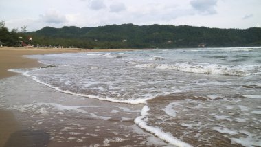 Sahilde dalgalar akıyor ve arka planda yemyeşil bir tepe var. Doğa, tatil ve seyahat.