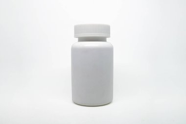 A single white plastic pill bottle with a ribbed cap centered on a clean, bright white background, symbolizing medicine, health supplements, and product packaging.