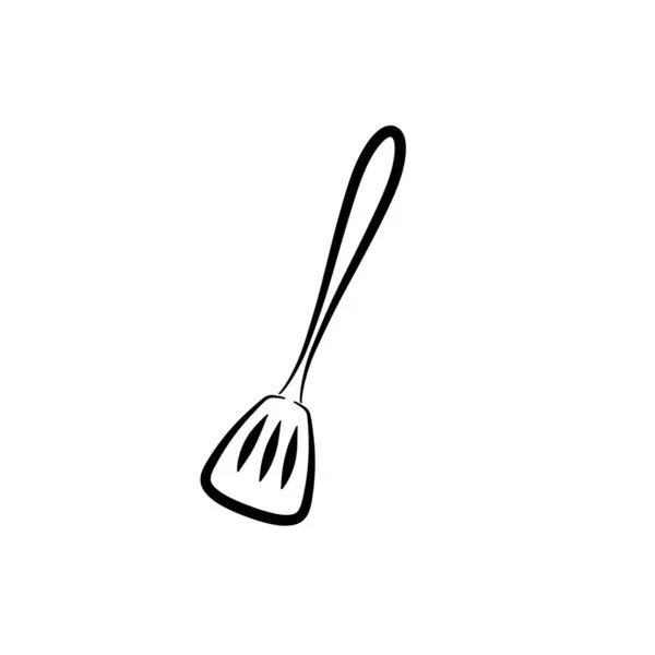 Minimalist black and white line art of a kitchen spatula utensil, simple elegant illustration for cooking, kitchen tools, food preparation, and restaurant themes.