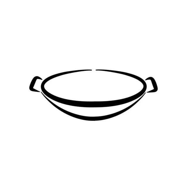 Minimalist black and white line art illustration of a cooking pot with handles, simple elegant design for kitchen, restaurant, culinary, and food preparation themes.
