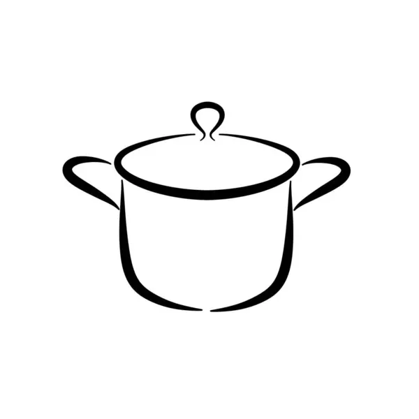 Minimalist black and white line art illustration of a cooking pot with lid and steam, simple elegant design for kitchen, cooking, and food themes.