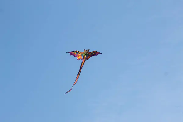 Renkli ejderha şekilli uçurtma açık mavi gökyüzünde uçuyor güneşli bir günde