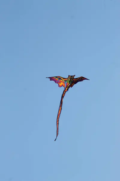 Renkli ejderha şekilli uçurtma açık mavi gökyüzünde uçuyor güneşli bir günde