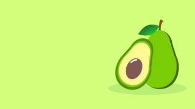Avokado 'nun basit bir animasyonu ve tohumu olan bir avokado yarısı. 2D düz dizayn meyvesi yeşil arka planda ince bir sekme hareketine sahiptir..