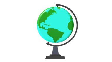 Bir kürsüde üç boyutlu karasal bir dünya, kusursuz bir döngü içinde dönüyor. Yeşil ve Cyan çizgi film gezegeninin beyaz arka planda dönen Dünya sembolü. Genel konsept grafik.