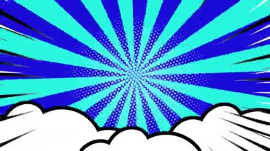 Çizgi film bulutları ile dönen çizgi roman aksiyon arka planı. Mavi ve siyan radyal çizgiler, yarım tonluk dairesel döngü. Pop Art Sunburst animasyonu.