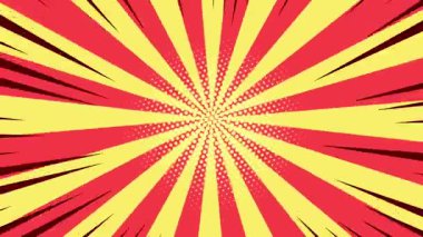 Dönen çizgi roman aksiyon geçmişi. Yarım tonluk noktalı dairesel kıvrımlı kırmızı ve sarı radyal çizgiler. Çizgi film pop sanatının güneş patlaması animasyonu.