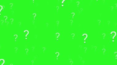 Beyaz soru işareti sembollerinin hareketli arkaplanı ileri doğru yüzüyor. Üç boyutlu noktalama işaretlerinden oluşan kusursuz bir döngü yeşil ekranda kameraya doğru akıyor..