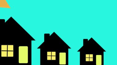 Siyah evin minimalist animasyonu ve turkuaz arka planda görünen bina siluetleri. Bir şehir veya mahallenin basit 2B grafiği.