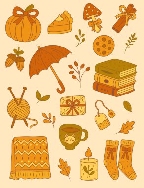 Sonbahar seti, el yapımı sonbahar yaprakları, balkabağı, ekose, çay, çorap, kitaplar, şemsiye, turta ve daha fazlası. Retro renkleri