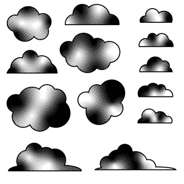 Yarım ton şeklinde siyah beyaz bulutlar. Çizgi roman tasarımı için bulutların vektör siluetleri, retro çizimler, posterler, çıkartmalar, manga, pop sanat ve dekoratif öğeler.