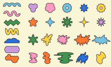 Y2k soyut moda seti, acayip çiçek, vektör şirin minimal etiket kiti, yıldızlar, dalgalı nesneler. Acımasız geometrik çerçeve, düz temel biçim, renkli fütüristik tasarım grafiği. Vahşilik harikulade şekiller