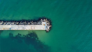 A long pier stretches into clear blue water, bordered by rugged rocks. The scene captures the serenity of the day, reflecting sunlight on the calm surface, inviting exploration.