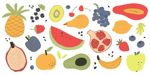 Sağlıklı Gıda Konsepti Şirin Meyveleri Olan Renkli Büyük Bir Koleksiyon — Stok Vektör