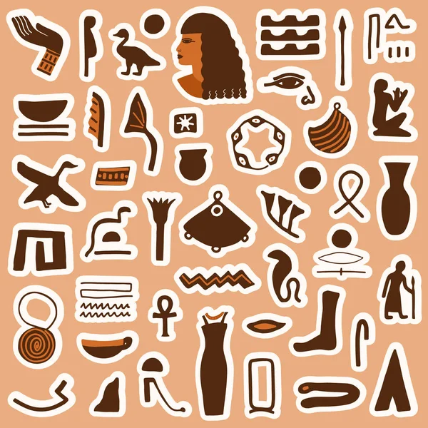 Коллекция Стикеров Иконами Древнего Египта Древними Скульптурами Иероглифами Модная Абстрактная — стоковый вектор