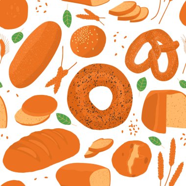 Fırın konsepti. İçi ekmek dolu kusursuz bir desen. Ekmek, simit, ekmek ve kraker manzaralı. Beyaz arka planda izole edilmiş. Vektör illüstrasyonu