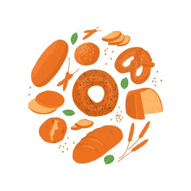 Fırın - çeşitli ekmek türleri. Ekmek, simit, ekmek ve kraker manzaralı. Beyaz arka planda izole edilmiş. Vektör illüstrasyonu