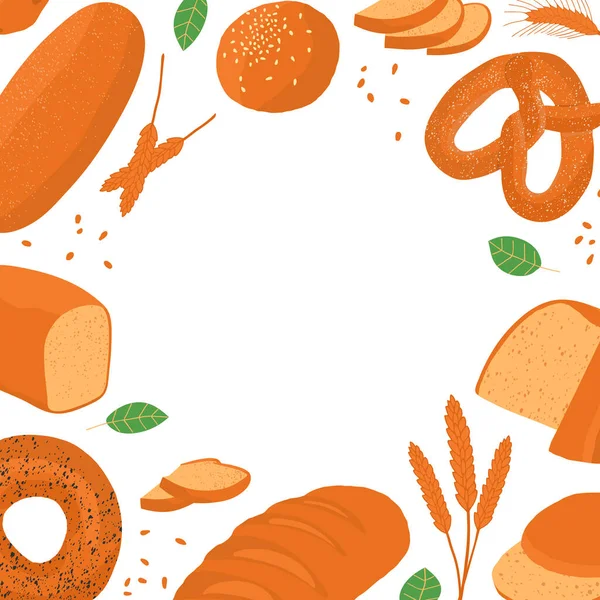 Концепция Пекарни Рамка Различными Видами Фаршированного Хлеба Хлебные Булочки Булочки — стоковый вектор
