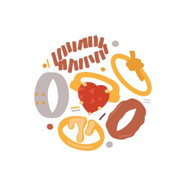 Kıymetli mücevherleri ve bijouterisi olan bir kart. Modern altın ve gümüş halkalar. Düz tasarım vektör çizimi